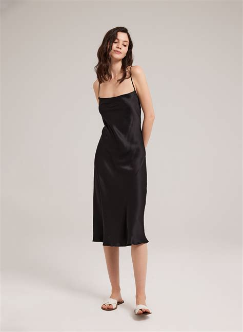 Nap Loungewear Silk Satin Slip Midi Dress In Black Modesens