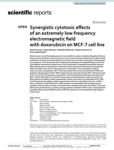 Pdf Synergistic Cytotoxic Effects Of An Extremely Low Frequency