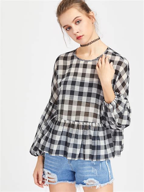 Shein Buttoned Keyhole Lantern Sleeve Semi Sheer Gingham Smock Top