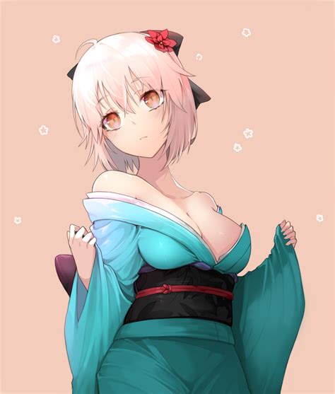 Safebooru 1girl Ahoge Bangs Bare Shoulders Black Bow Blue Kimono Blush Bow Breasts Brown