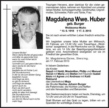 Traueranzeigen Von Magdalena Huber Trauer Bz