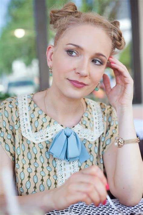 Beautiful Romantic Blonde Girl In Retro Style Standing Near Stat Stock Photo Image Of Cute
