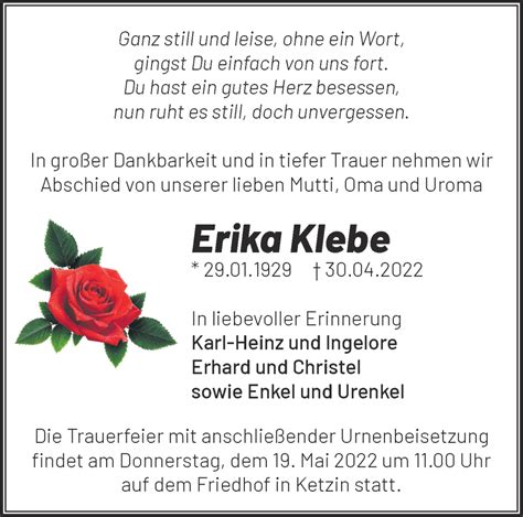 Traueranzeigen von Erika Klebe Märkische Onlinezeitung Trauerportal