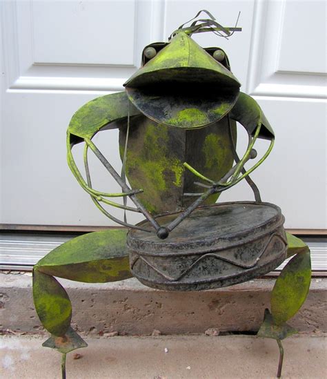 Metal Frog Sculpture Playing Drums Drummer Musician Garden