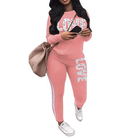 Akmipoem Women Letter Pink Sweatsuit 2 Piece Plus Size Striped Trackpants Pullover Outfits