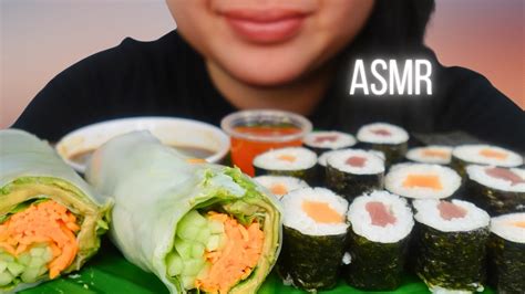 Asmr Sushi Rolls And Crunchy Veggie Spring Rolls Eating Sounds No