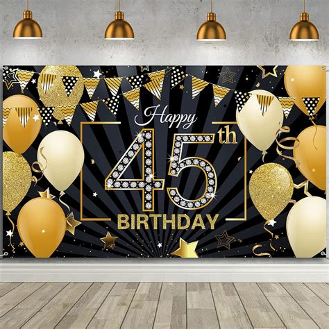 Happy 45th Birthday Backdrop Banner Extra Large Black And Gold 45th