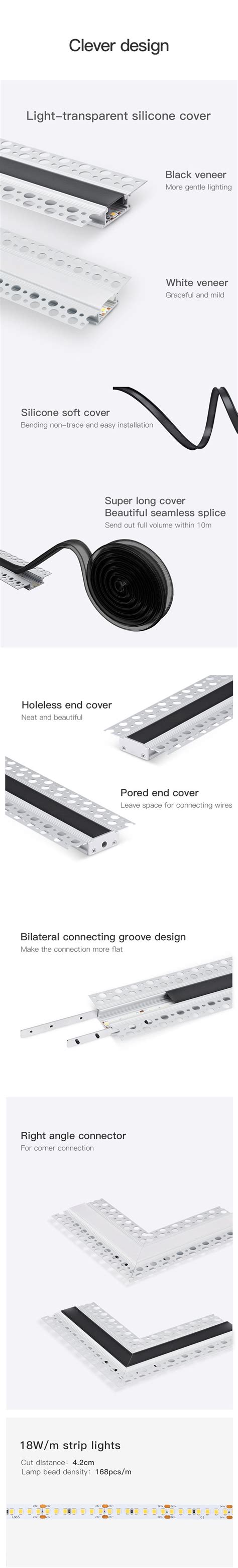 W Seamless Linear Led Bar Lights Jointless Silicone Cover Recessed