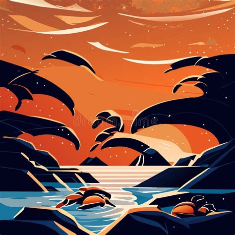 Seascape With Sea And Sunset Vector Illustration In Cartoon Style