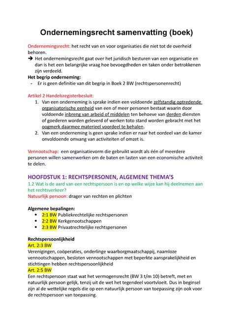 Ondernemingsrecht Samenvatting Het Ondernemingsrecht Gaat Over Het