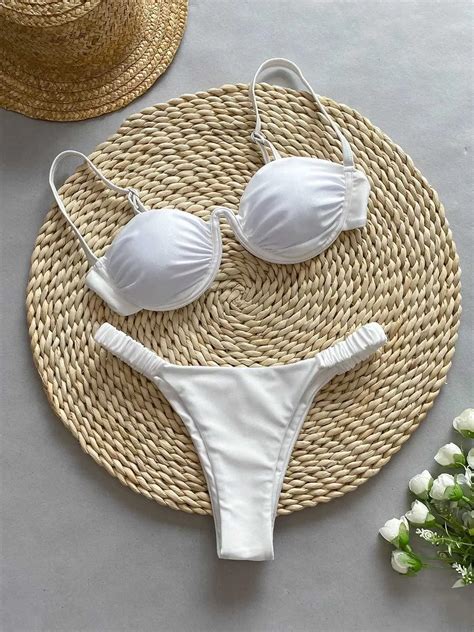Women S Sexy D Flower White Padded Bikini Set Black White V Wire Micro Mini Swimsuit With