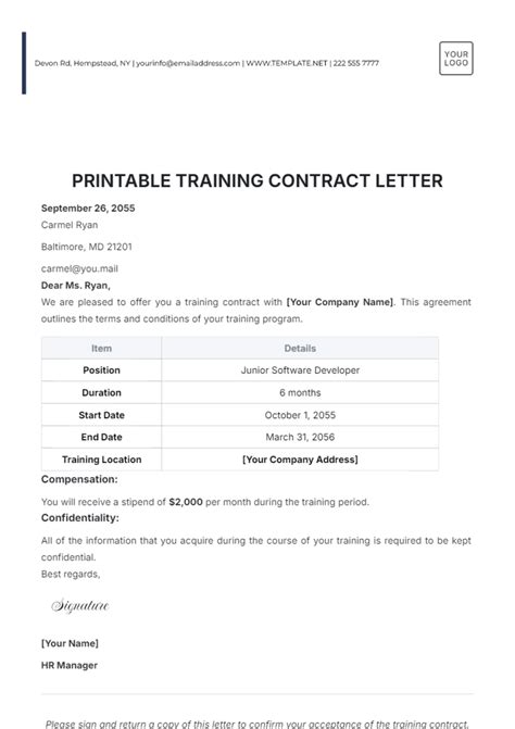 Free Printable Training Contract Letter Template To Edit Online