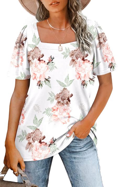 Wiholl Womens Summer Tops Casual Square Neck Puff Short Sleeve T Shirts 6 Floral White X Large