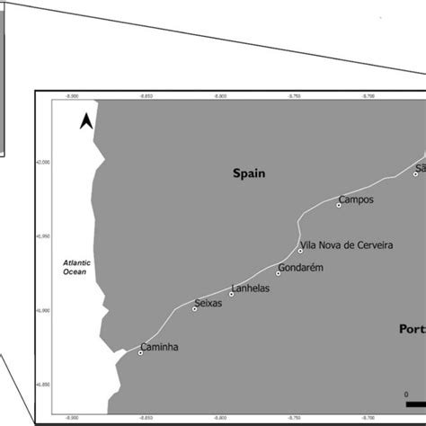 Map showing the location of the main fishing communities on the Minho... | Download Scientific ...