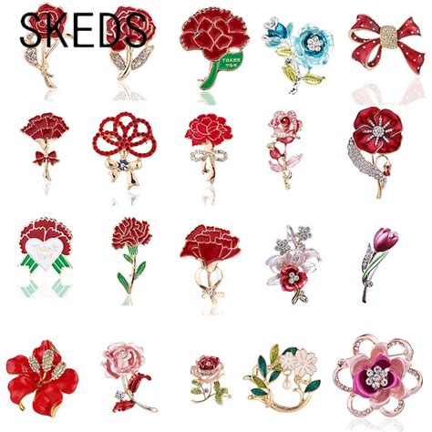 Skeds Fashion Enamel Red Flower Brooch Pin For Women Crystal Plant