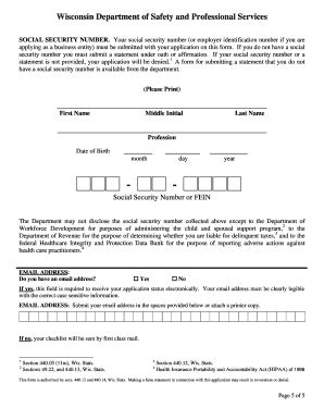 Fillable Online Dsps Wi SSN Form Department Of Safety Professional