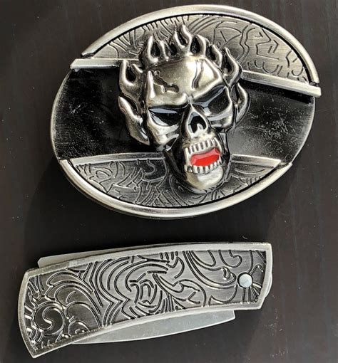 Steel Belt Buckle Integrated Hidden Knife Skull Vampire Flame 3d