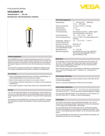 Vega VEGABAR 28 Pressure Sensor With Switching Function Specificatie