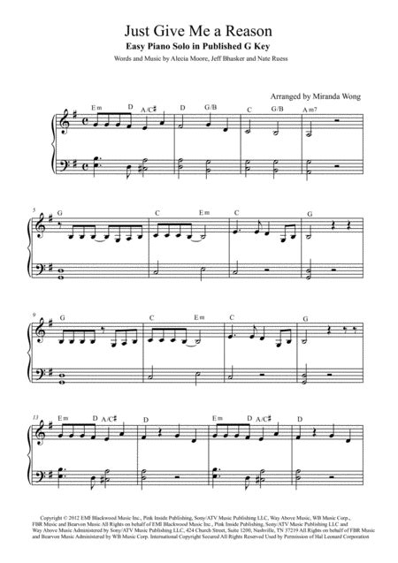 Just Give Me A Reason Arr Miranda Wong By Pink Featuring Nate Ruess Sheet Music For Piano