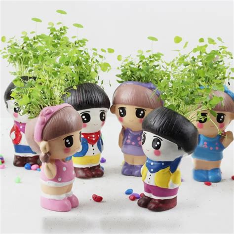 Artificial Potted Diy Plant Ceramic Crafts Grass Head Doll Creative Ts Fleshy Small Flower