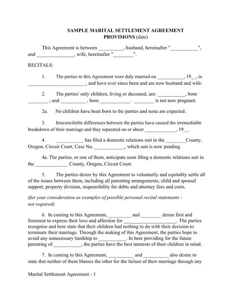 Free Printable Marital Settlement Agreement Templates Word Pdf