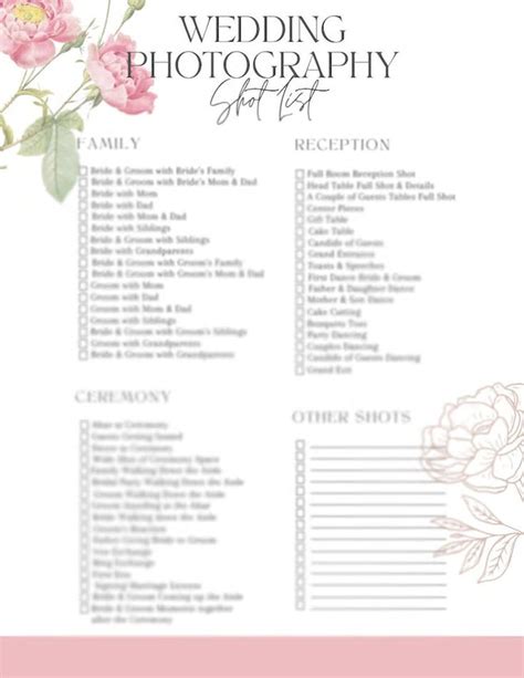 Wedding Photo Checklist Wedding Shot List Printable Wedding Photography