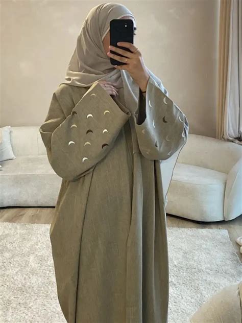 Abaya En Lin Brod E De Lune Pour Femmes Musulmanes Kimono Ouvert Abayas