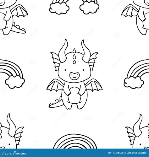 Simple Seamless Pattern Black And White Cute Kawaii Hand Drawn Dragon Doodles Coloring Pages