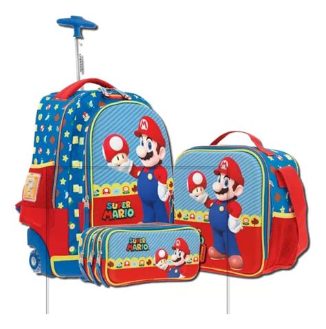 Kit Mochila Con Ruedas Led Lonchera Lapicera Chenson Mario Bros