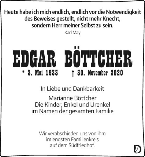 Traueranzeigen von Edgar Böttcher trauer anzeigen de