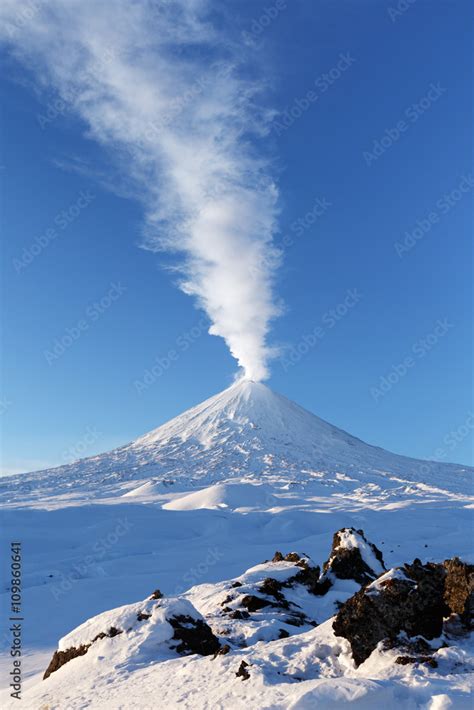 Winter Volcanic Landscape Of Kamchatka Eruption Active Klyuchevskaya Sopka Klyuchevskoy