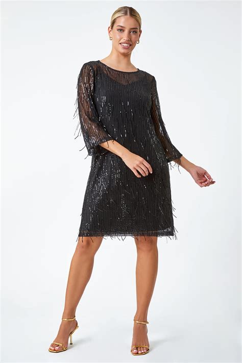 Black Sequin Sparkle Tassel Shift Dress Roman Uk