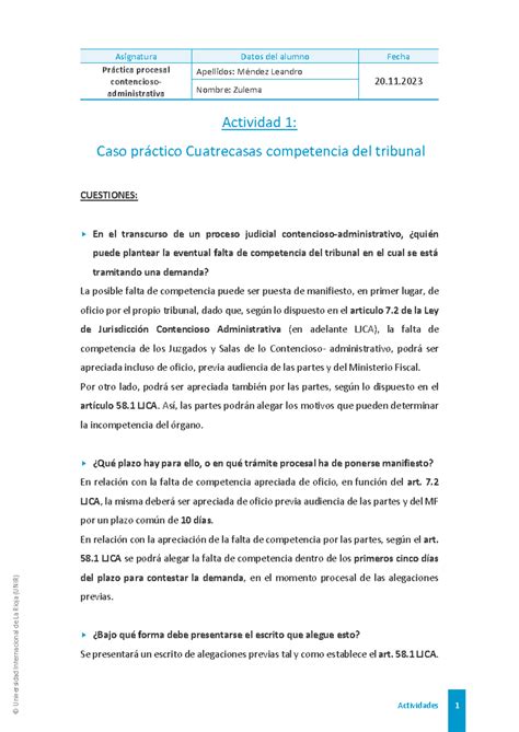 Actividad Caso Pr Ctico Cuatrecasas Competencia Del Tribunal