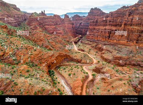 Canyon Road Crosses A Stream Onion Creek Near Moab Utah Aerial