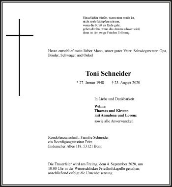 Traueranzeigen Von Toni Schneider WirTrauern