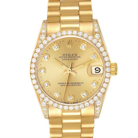 Rolex Datejust President Midsize Yellow Gold Diamond Bezel Ladies Watch 68158 Swisswatchexpo