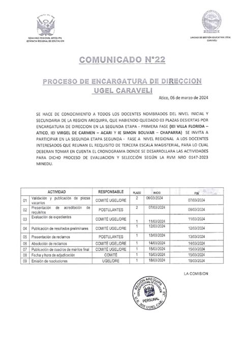 Comunicado Proceso De Encargatura De Direcci N Plazas Vacantes