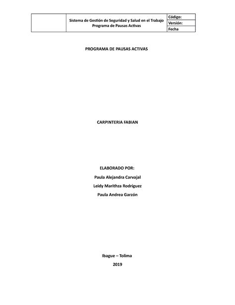 Programa DE Pausas Activas Carpinteria Fabian Sistema de Gestión de