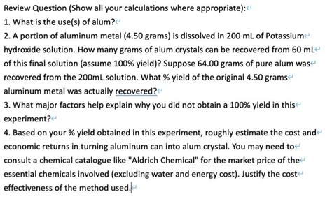 Solved It Is Synthesis Of Alum Crystals From Scrap Metal Chegg