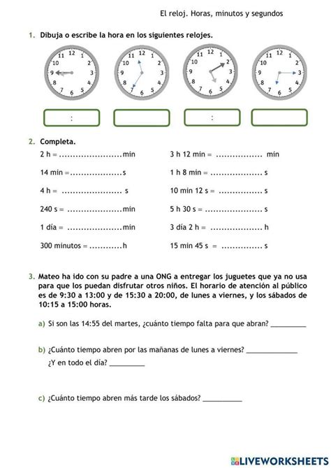 Pdf Online Worksheet El Reloj Horas Minutos Y Segundos En 2024