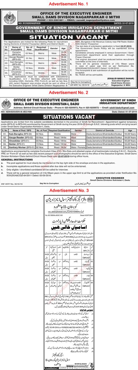 Irrigation Department Sindh Jobs July 2019 Baildar Chowkidar Others