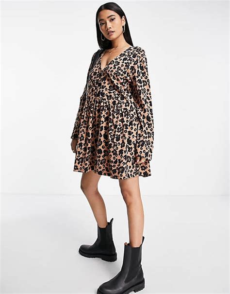 Asos Design Long Sleeve Smock Mini Dress With Buttons In Leopard Print