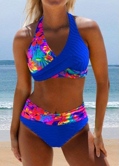 Multicolor Striped Bikini Set Rotita Printed Wide Strap Tie Back Bikini