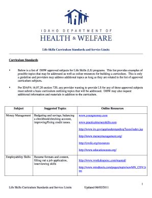 Fillable Online Healthandwelfare Idaho Life Skills Curriculum Standards