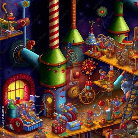 Christmas Toy Factory, whimsical art style, digital art, illustration Stock Illustration | Adobe ...