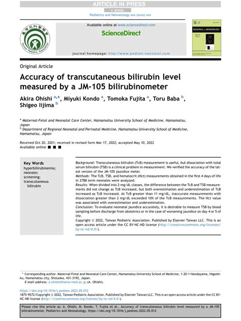 Pdf Accuracy Of Transcutaneous Bilirubin Level Measured By A Jm 105