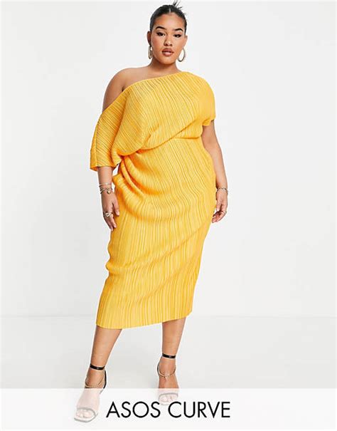 Asos Design Curve Fallen Shoulder Plisse Midi Dress In Orange Asos