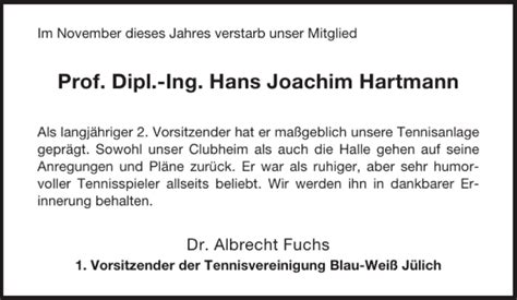 Traueranzeigen Von Prof Dipl Ing Hans Joachim Hartmann Aachen Gedenkt