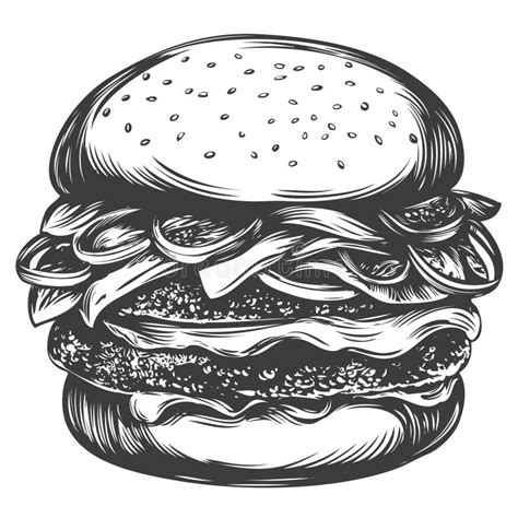 Big Burger Hamburger Hand Drawn Vector Illustration Sketch Retro Style