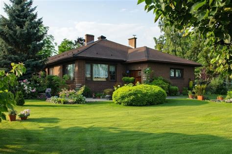 Wellmaintained Singlestory Brick House With A Lush Green Lawn And